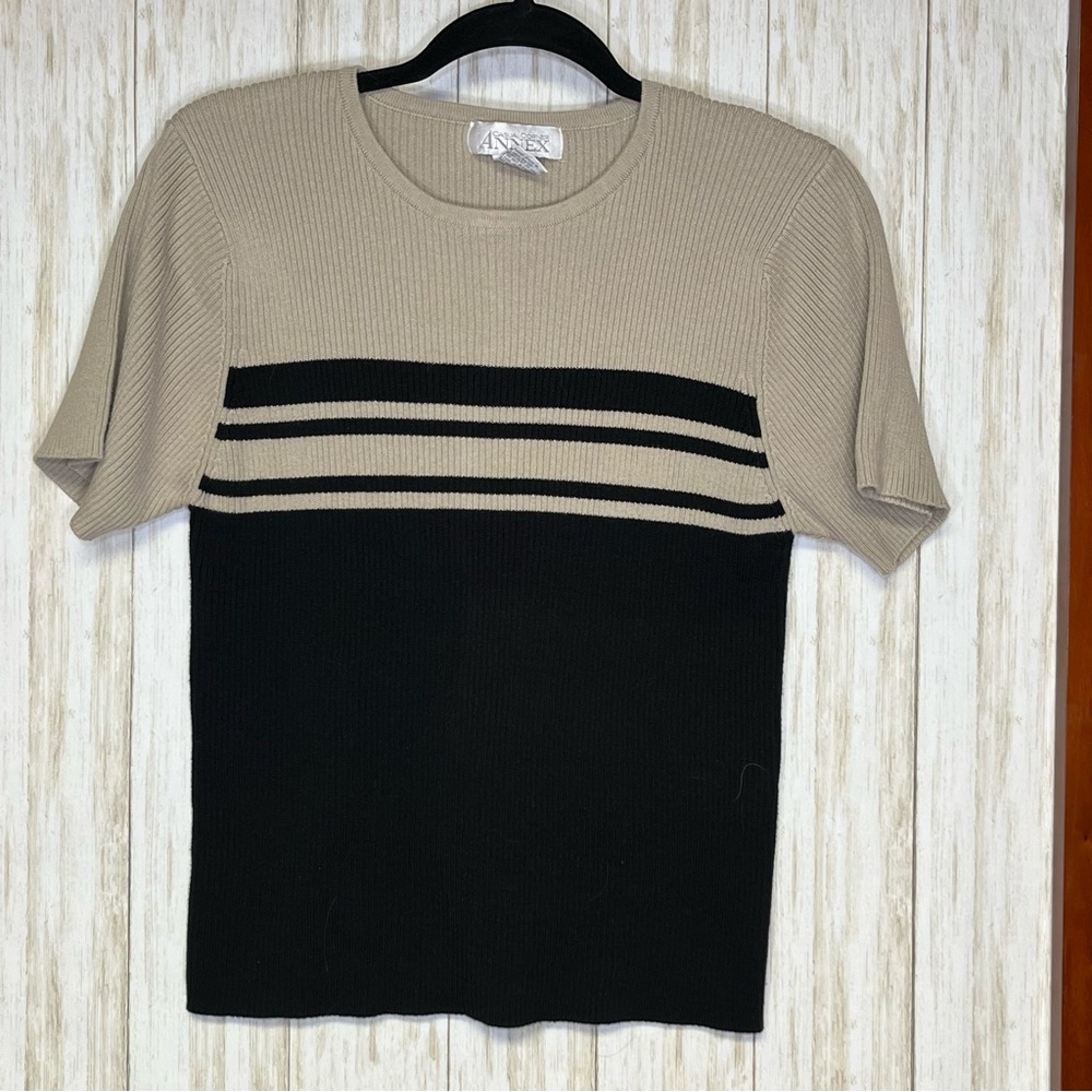 Casual Corner Annex Black & Tan Short Sleeve Ribbed Knit Tee Size XL